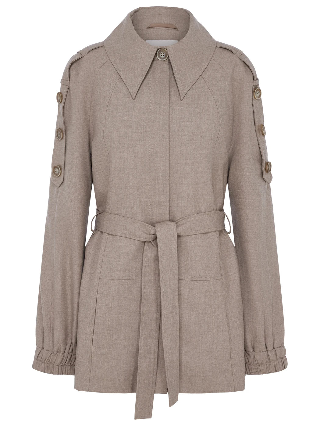 Marcel Ostertag Damen-Jacke aus Kaschmir in Taupe mit Seventies-Kragen und Bindegürtel, Vorderansicht.