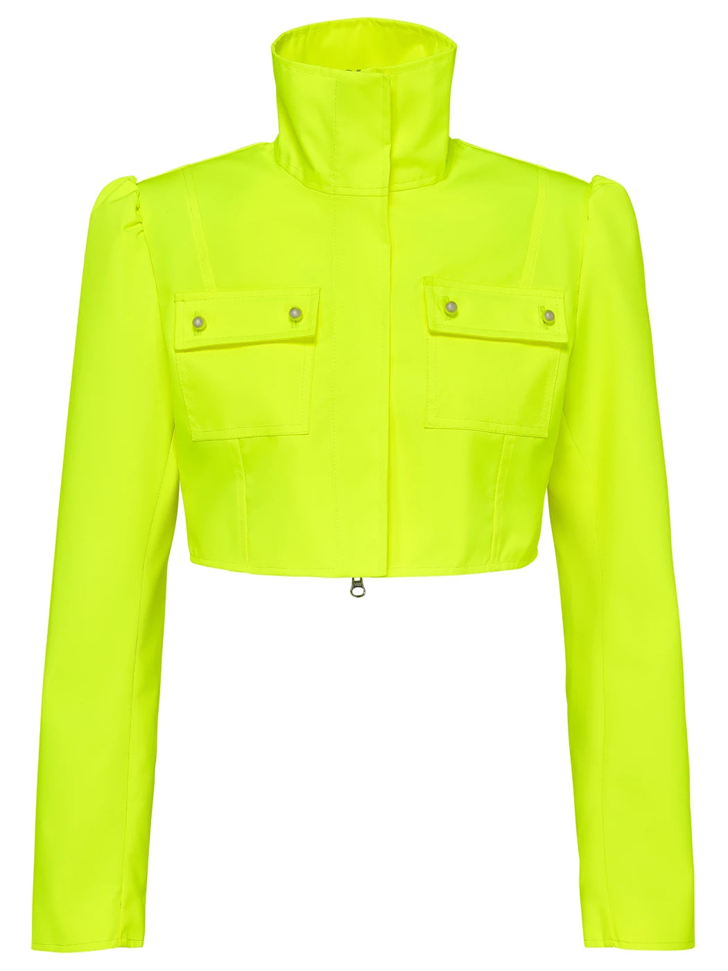 Marcel Ostertag Damen-Jacke in Neongelb und in cropped Länge mit hohem Stehkragen, Reißverschluss und aufgesetzten Brusttaschen mit Perlenknöpfen, Vorderansicht.