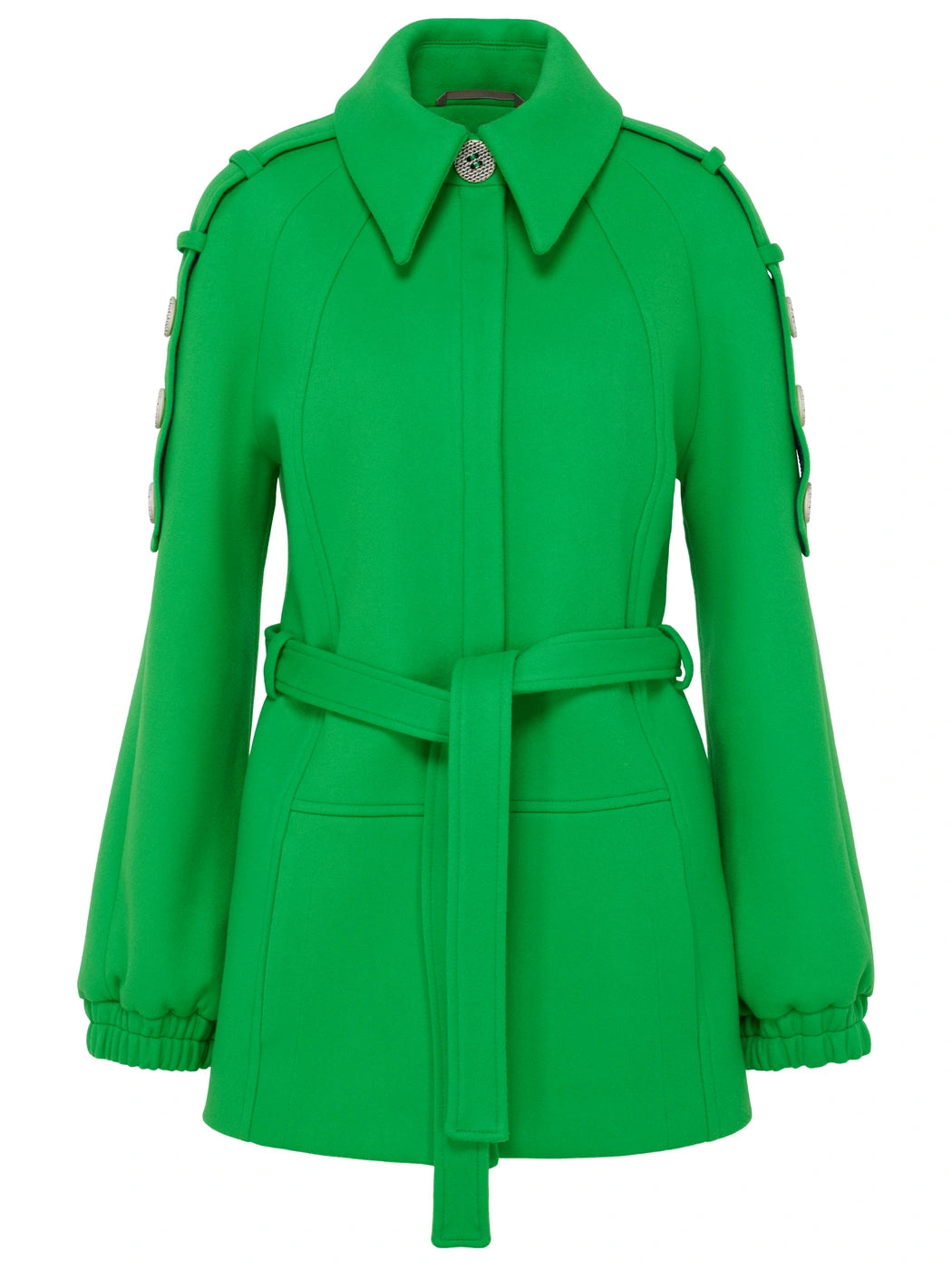 Marcel Ostertag Damen-Jacke aus Wolle und Kaschmir in Grün mit Bindegürtel grossem Kragen, Knopfdetails am Ärmel, Vorderansicht.