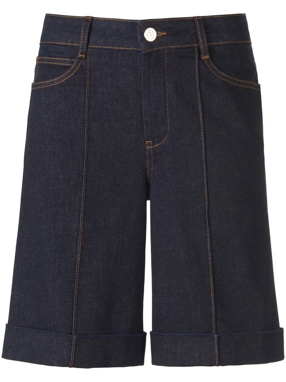 Marcel Ostertag Damen-Bermudashorts aus Jeans in Dunkelblau und 5-Pocket Style, Kontrastnähte in Orange und umgeschlagener Saum, Vorderansicht.