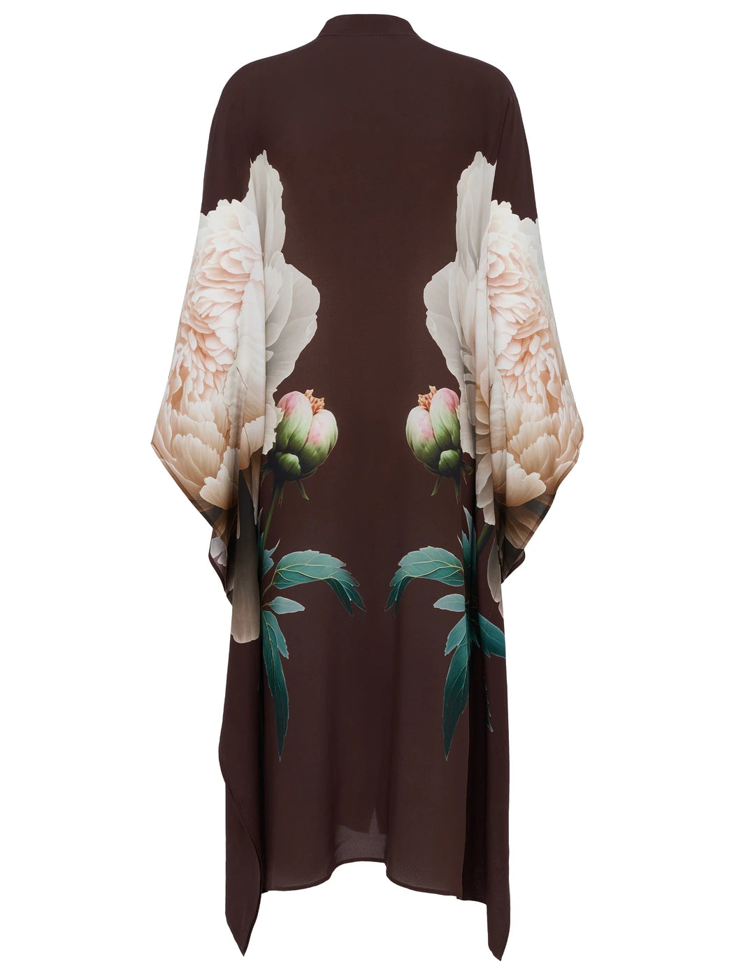 Marcel Ostertag Damen-Kaftan aus Seide in Braun mit großflächigem Blütenmotiv und weiten Ärmeln, Rückansicht.