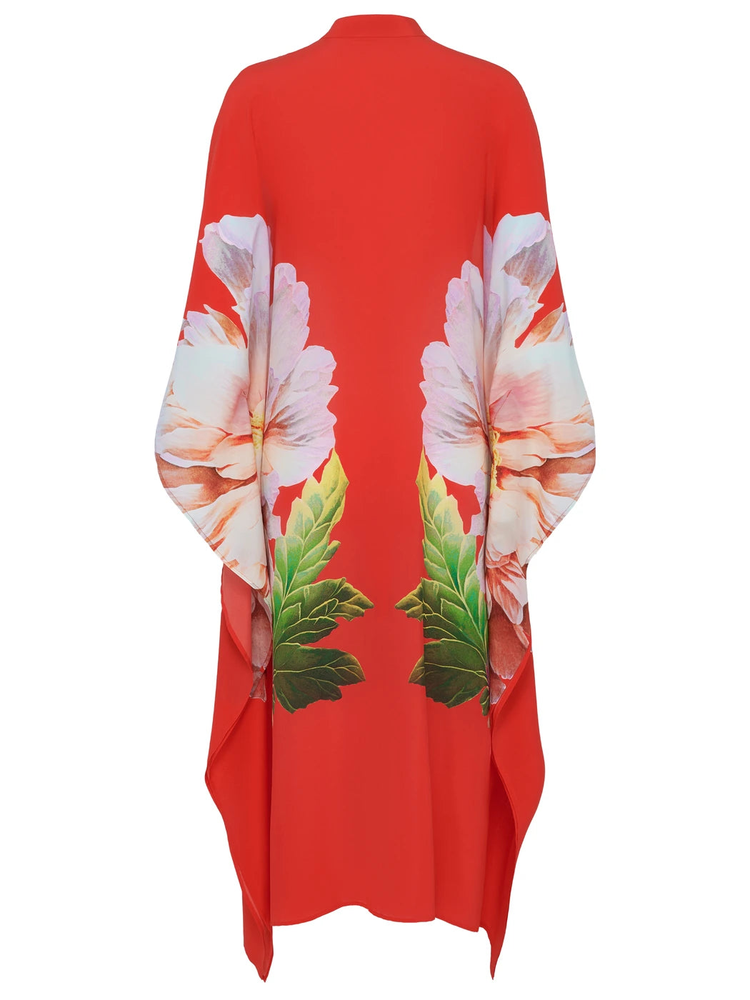 Marcel Ostertag Damen-Kaftan aus Seide in Orange mit großflächigem Blütenmotiv und weiten Ärmeln, Rückansicht.