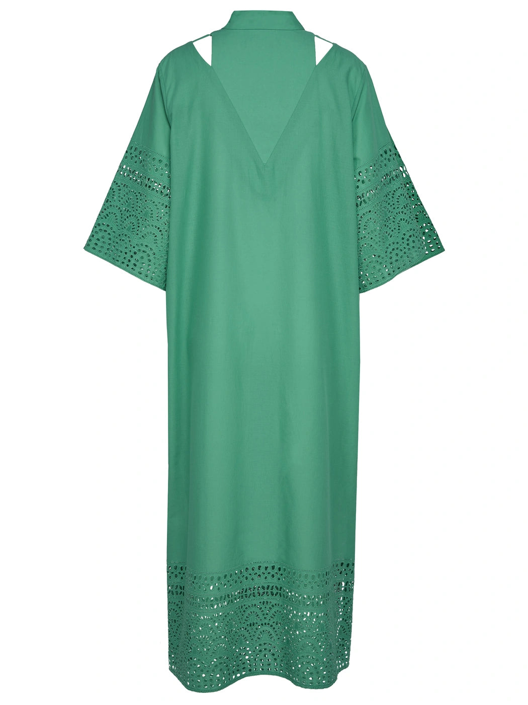Marcel Ostertag Damen-Kaftan in Grün, kleiner Stehkragen, Cut-Outs an den Schultern, Lochspitzen-Muster an Ärmel und Saum, Rückansicht.