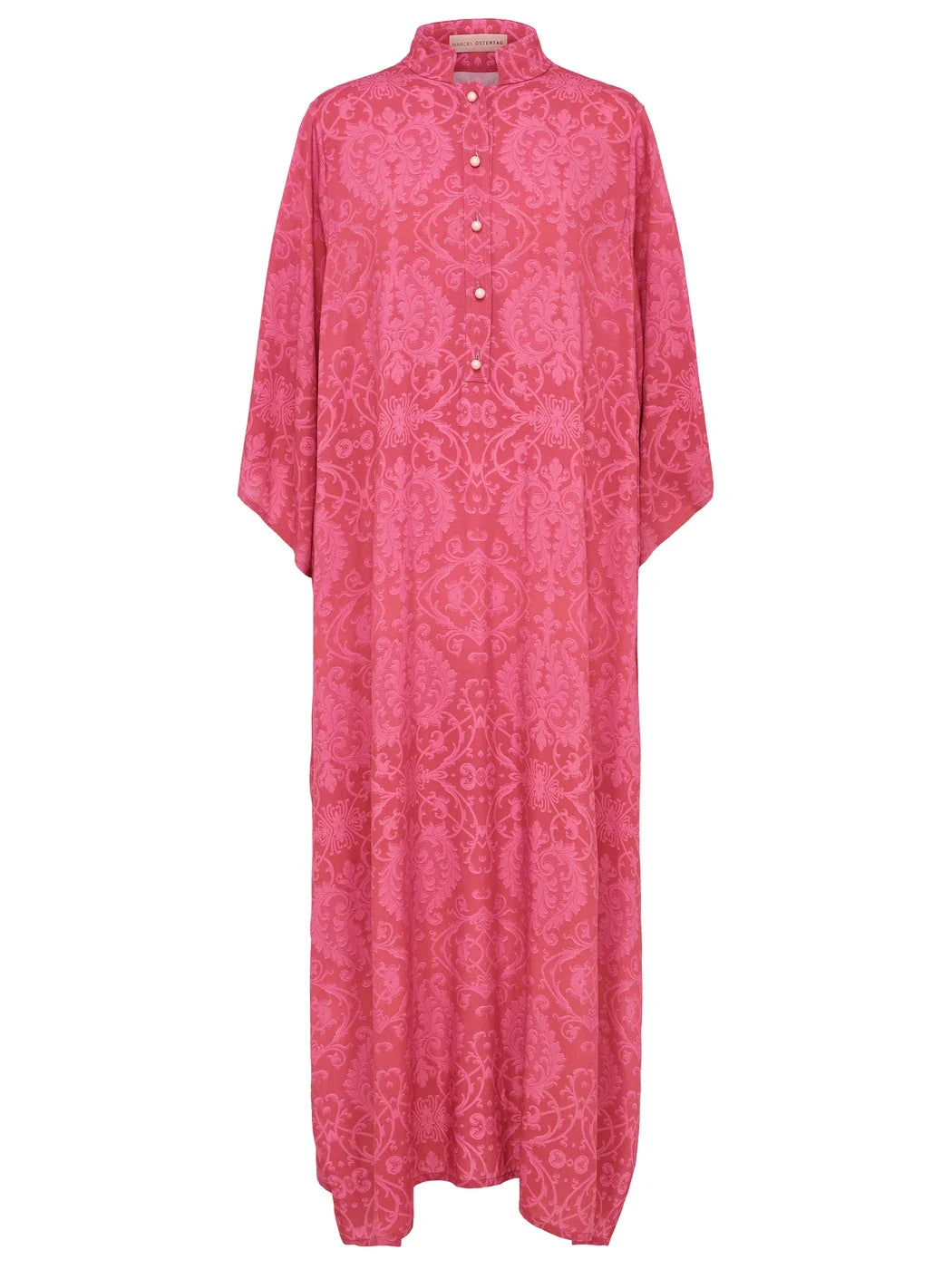 Marcel Ostertag Damen-Kaftankleid mit Ornament-Print in Korallenpink und Rosa, Stehkragen und Perlenknöpfen, Vorderansicht.