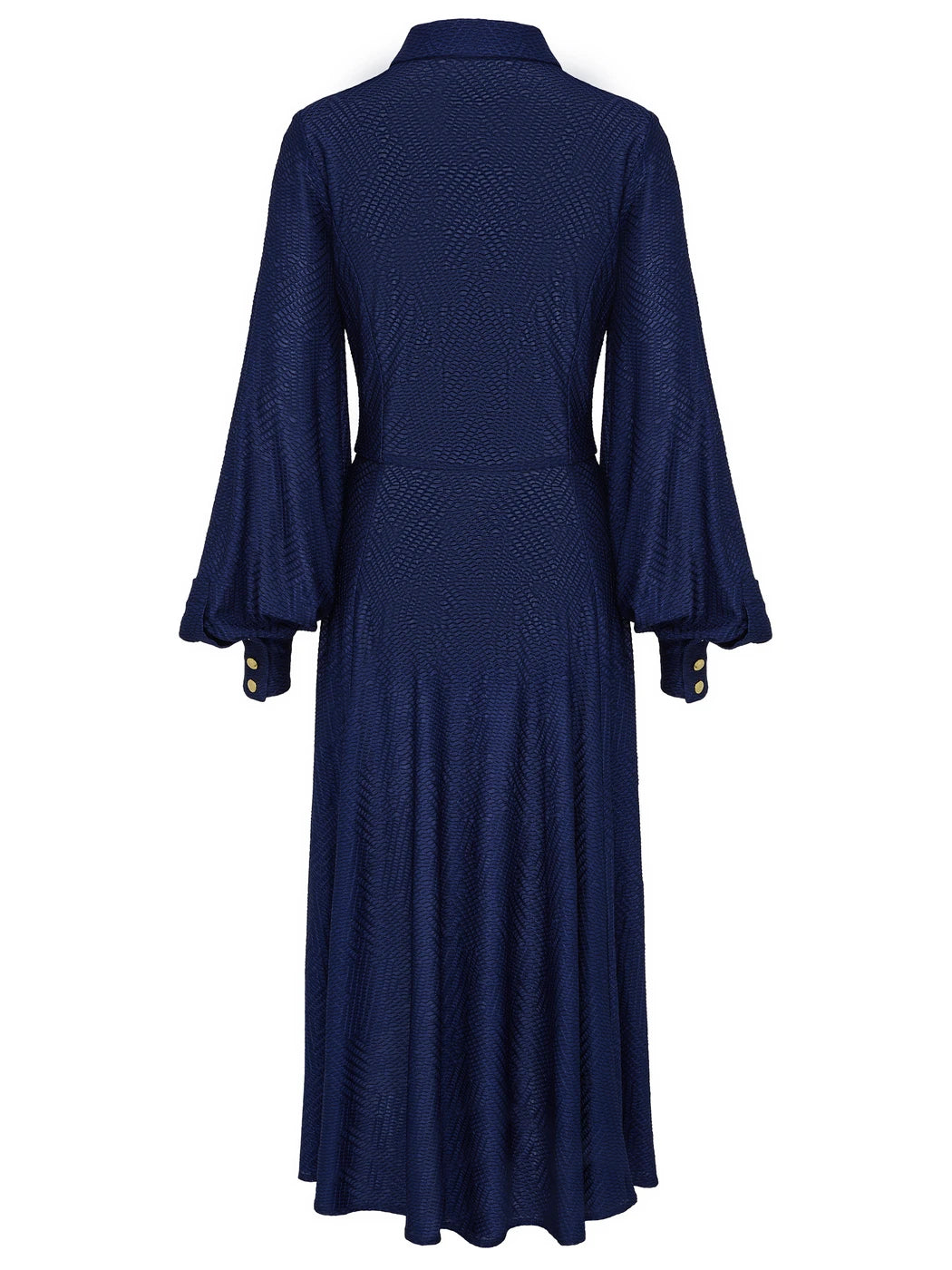 Marcel Ostertag Damen-Kleid aus Struktur-Jersey in Blau, ausgestellter Rock und Ballonärmel mit Manschettenknöpfen in Gold, Rückansicht.
