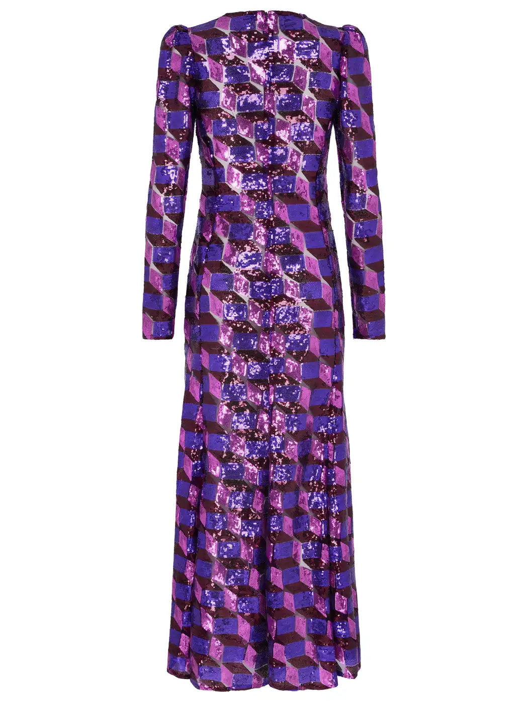 Marcel Ostertag Damen-Kleid aus Pailletten mit geometrischem Muster, Reißverschluss an der Rückseite, Rückansicht.