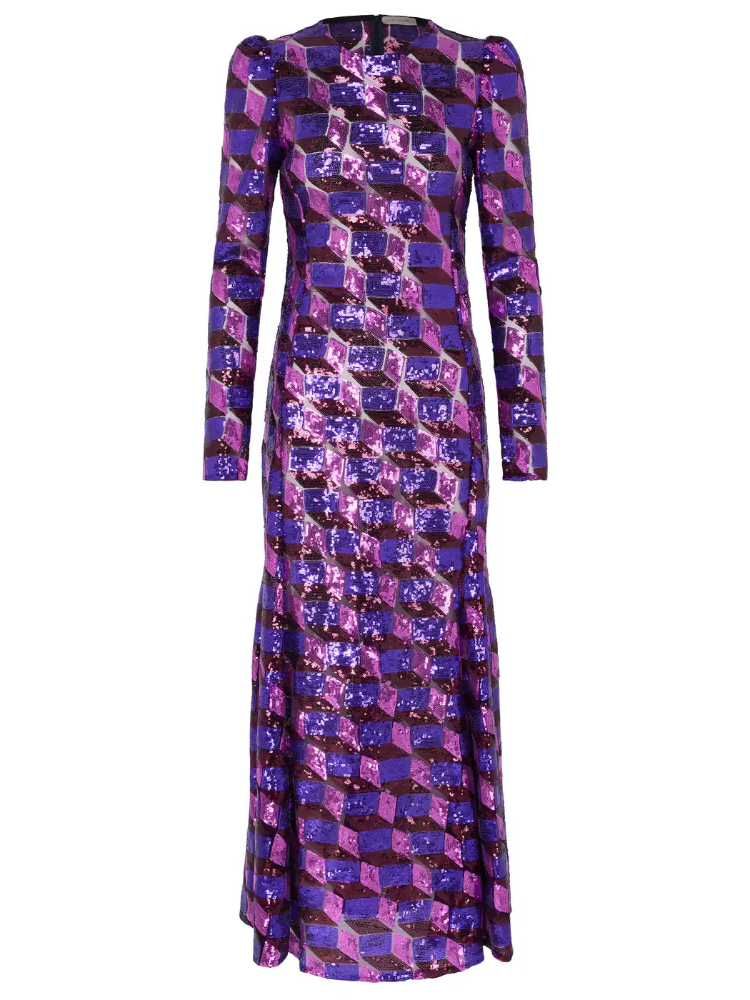 Marcel Ostertag Damen-Kleid aus Pailletten mit geometrischem Muster in Lila und Violett, langärmelig, Vorderansicht.