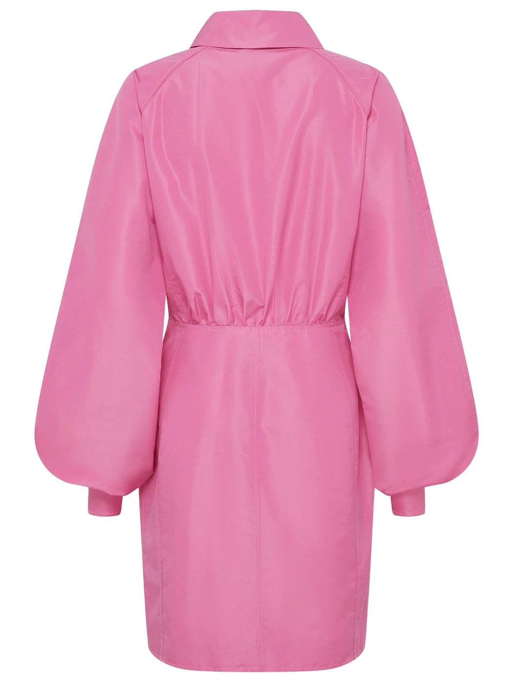 Marcel Ostertag Damen Zipper-Kleid in Pink, Hemdkragen, Ballonärmel und figurbetonter Schnitt, Raffungen an Taille, knielang, Rückansicht.