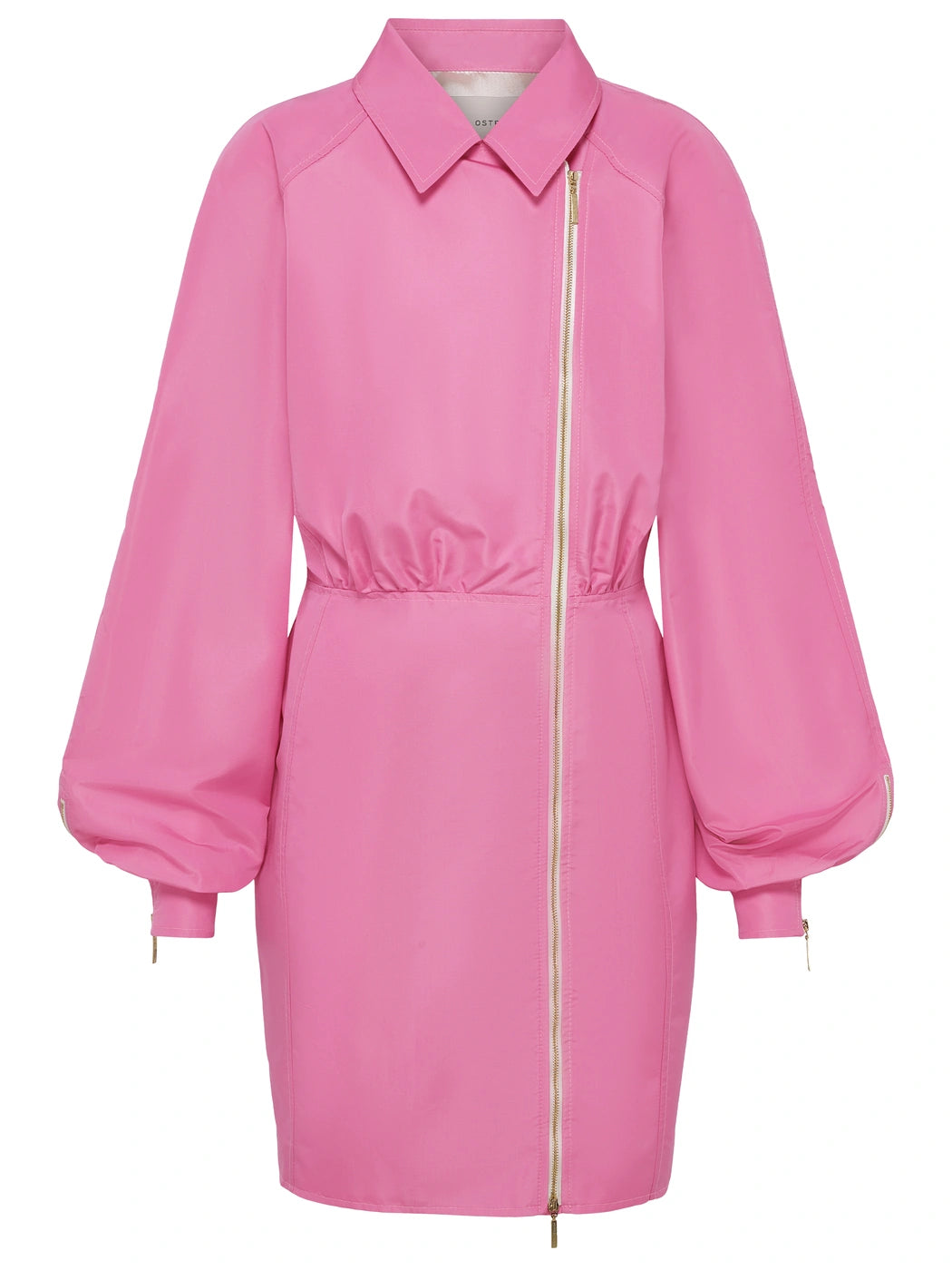Marcel Ostertag Damen Zipper-Kleid in Pink, Hemdkragen, 2-Wege-Reissverschluss in Silber auf rechter Seite, Ballonärmel und figurbetonter Schnitt, knielang, Vorderansicht.