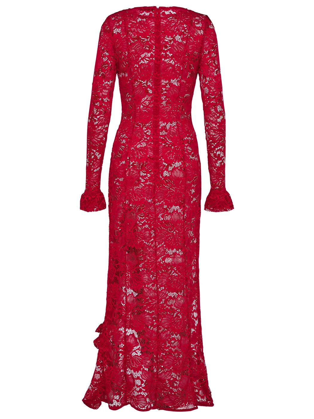 Marcel Ostertag Damen-Midikleid aus Spitze in Rot mit langen Ärmeln, Rückansicht.