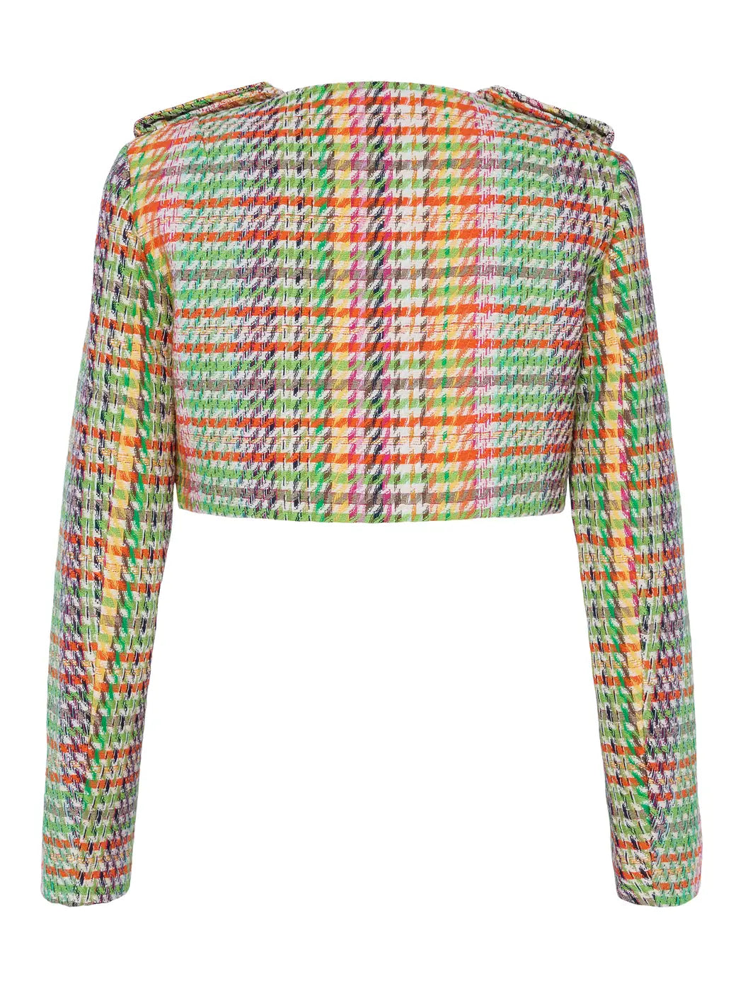 Marcel Ostertag Damen-Kurzjacke aus Tweed im Hahnentrittmuster mit Schulterpolstern, Rückansicht.