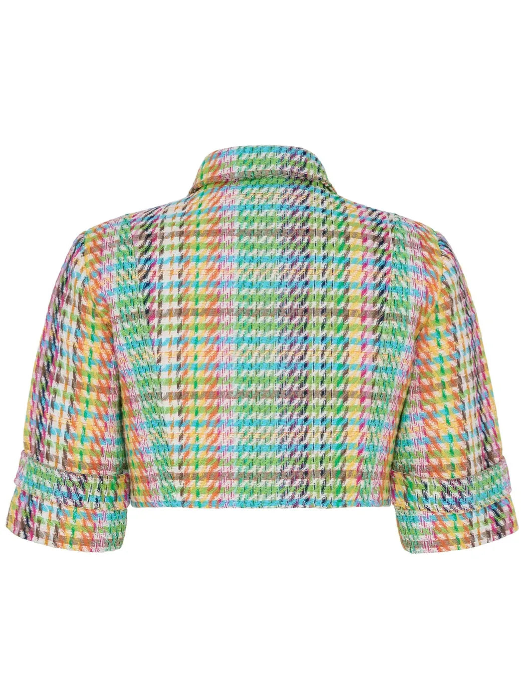 Marcel Ostertag Damen-Kurzjacke aus Tweed im Hahnentrittmuster mit Zierband am Ärmelsaum, Rückansicht.
