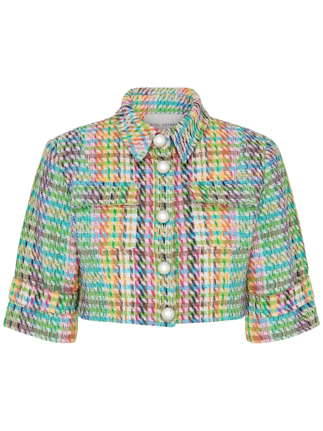 Marcel Ostertag Damen-Kurzjacke aus Tweed im Hahnentrittmuster in Multicolor mit Perlenknöpfen, Vorderansicht.