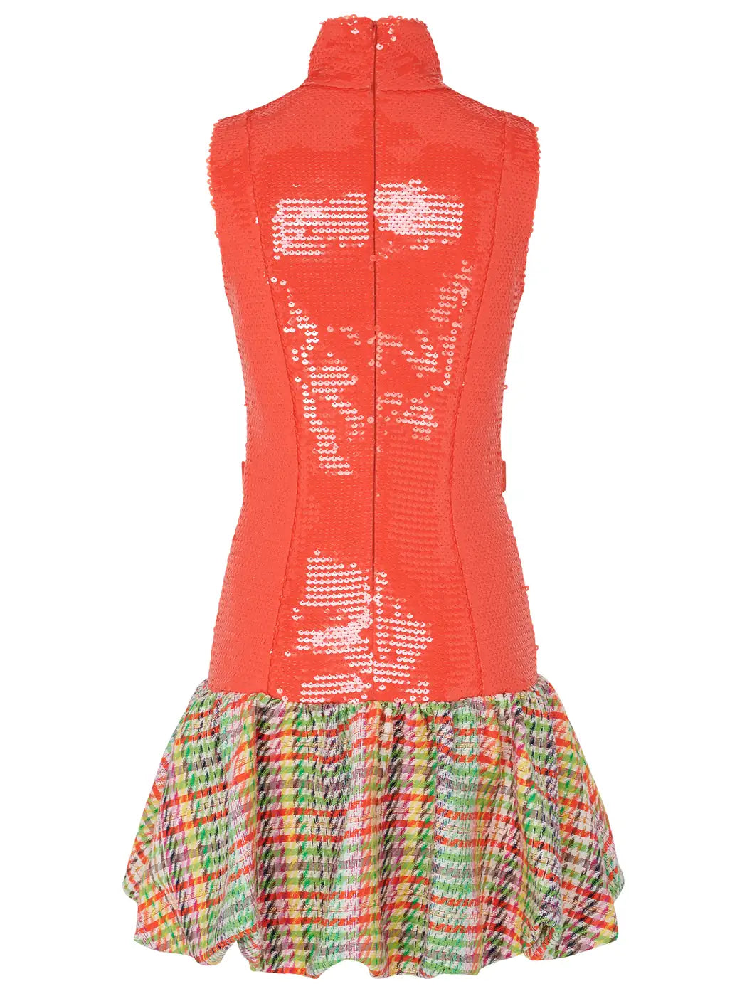 Marcel Ostertag Damen-Kurzkleid aus Pailletten in Orange mit Reißverschluss an der Rückseite, Rückansicht.