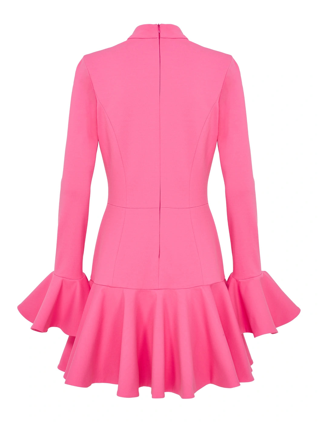 Marcel Ostertag Damen-Kurzkleid in Pink mit Reissverschluss, Volants an Ärmel und Rock, Rückansicht.