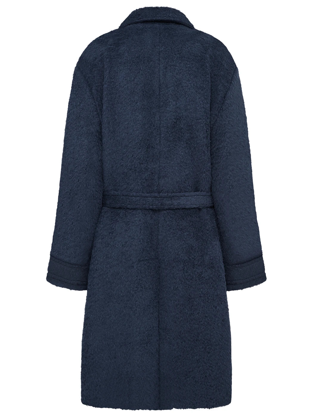 Marcel Ostertag Damen-Mantel aus Alpaka und Wolle in Blau, mit Hemdkragen und Bindegürtel, Rückansicht.