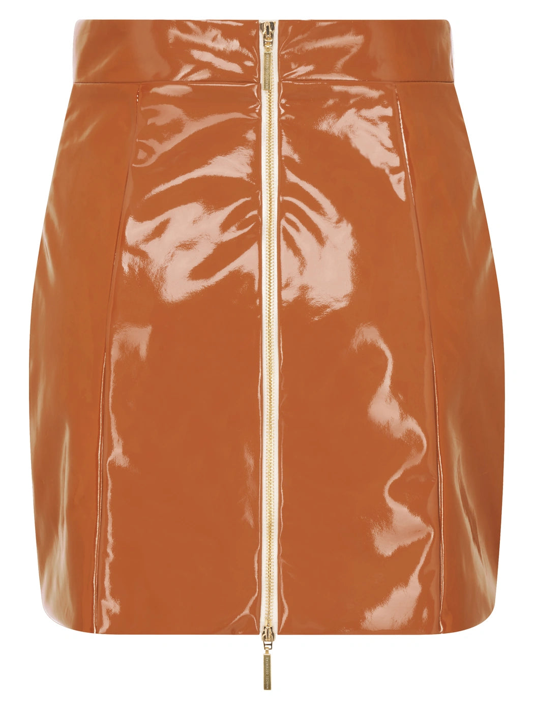 Marcel Ostertag Damen-Minirock aus Lack in Cognac, zwei Wege Reissverschluss in Gold, Rückansicht.
