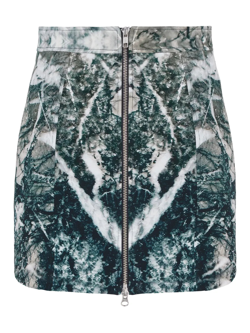 Marcel Ostertag Damen-Minirock mit Marmor-Print in Schwarz, Weiss, Grau und  Petrol, zwei Wege Reissverschluss in Silber, Rückansicht.