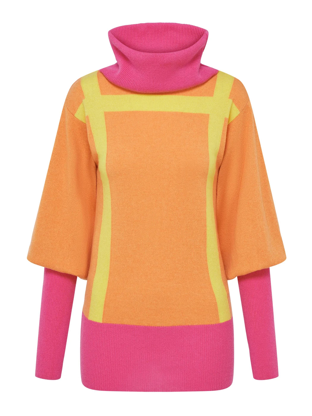 Marcel Ostertag Damen-Pullover aus Kaschmir in Orange und Pink mit Rollkragen, extra breiten Armbündchen und gelbem Grafik-Muster, Vorderansicht.