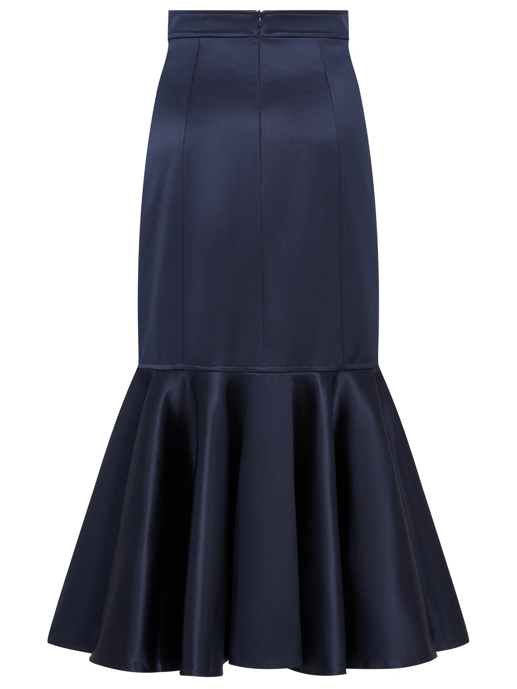 Marcel Ostertag Damen-Rock aus Satin in Marineblau mit Rückenverschluss und ausgestelltem Volant, Rückansicht.