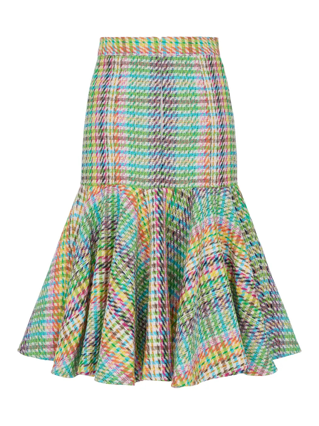 Marcel Ostertag Damen-Rock aus Tweed im Hahnentrittmuster in Multicolor mit Reißverschluss an der Rückseite, Rückansicht.