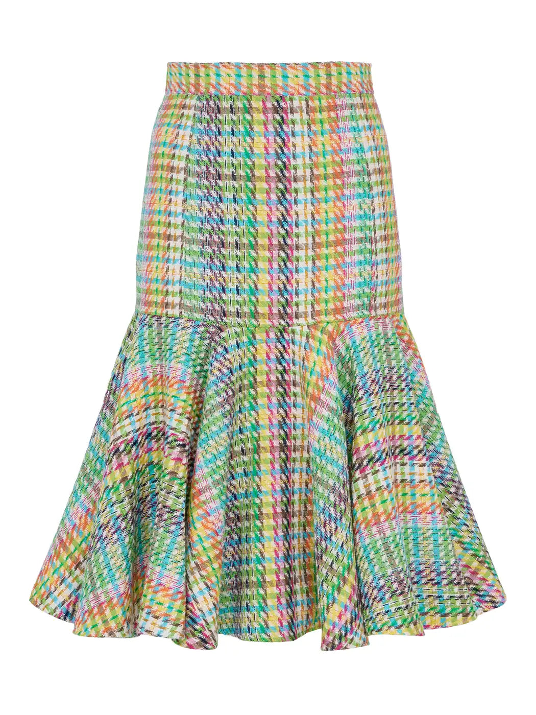 Marcel Ostertag Damen-Rock aus Tweed im Hahnentrittmuster in Multicolor mit großem Volant, Vorderansicht.
