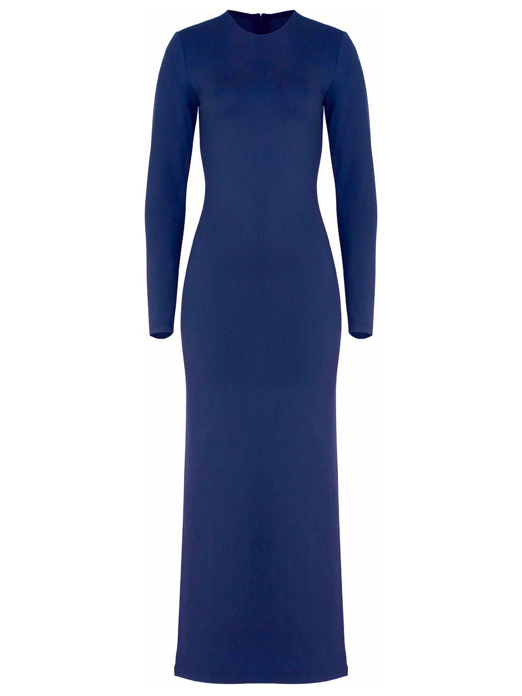 Marcel Ostertag Damen-Stretchkleid in Blau, mit Rundhals Ausschnitt und langen Ärmeln, Vorderansicht.