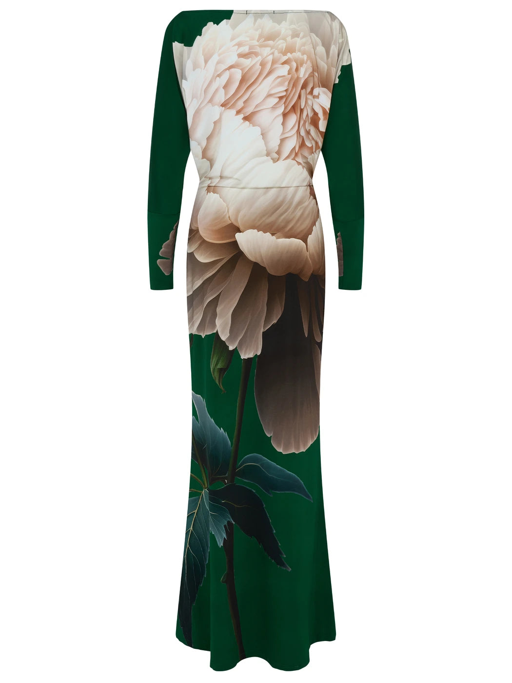Marcel Ostertag Damen-Stretchkleid in Grün mit großflächigem Blumenprint in Maxilänge, Rückansicht.