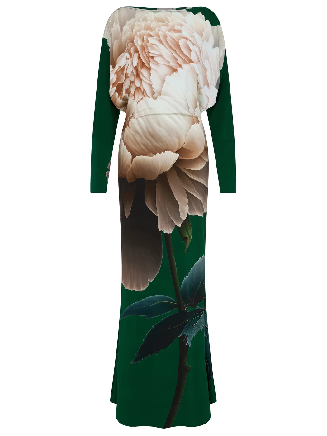 Marcel Ostertag Damen-Stretchkleid in Grün mit großflächigem Blumenprint, U-Boot-Ausschnitt und Fledermausärmel, Vorderansicht.