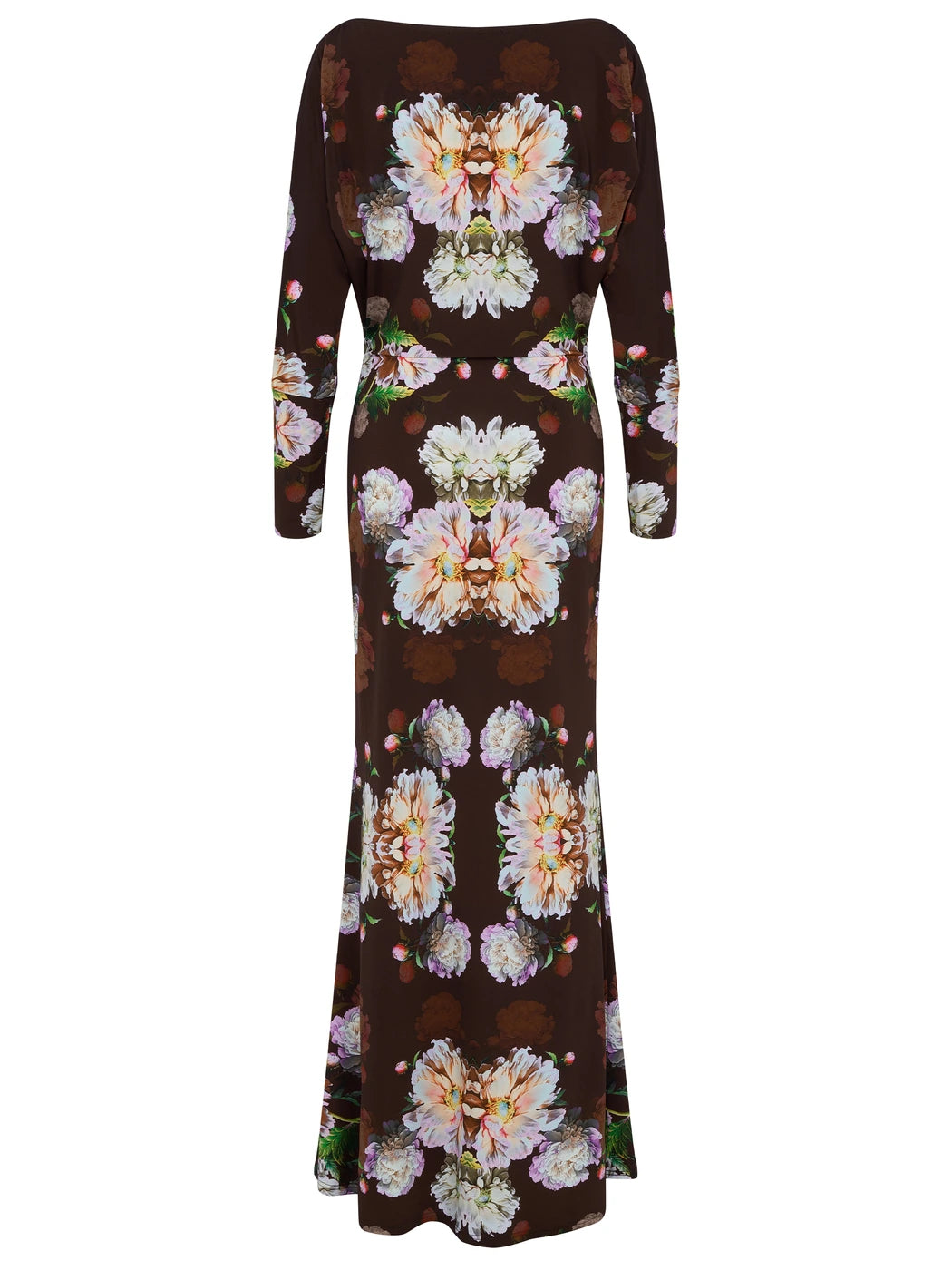 Marcel Ostertag Damen-Stretchkleid in Braun mit großflächigem Blumenprint in Maxilänge, Rückansicht.