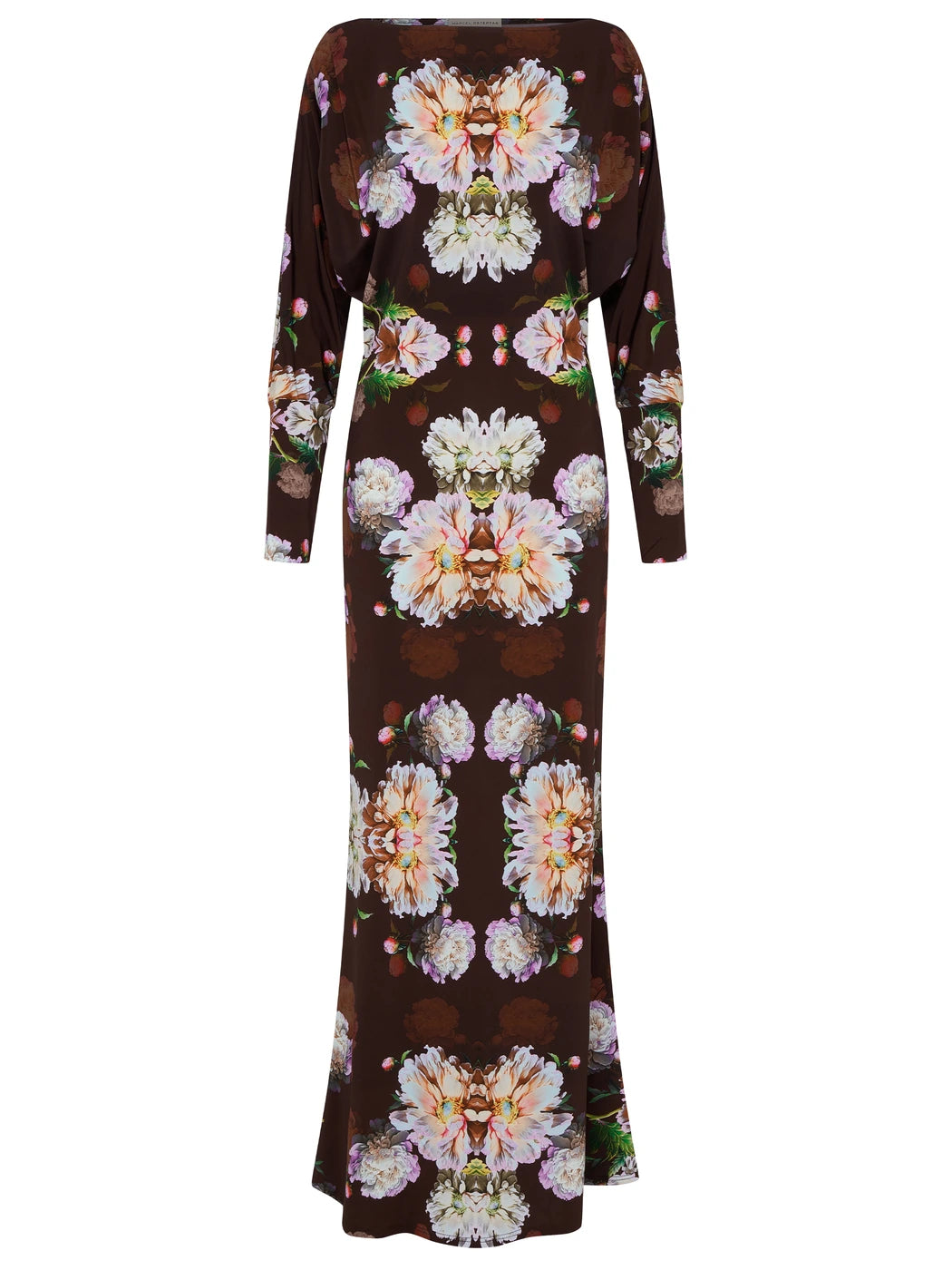Marcel Ostertag Damen-Stretchkleid in Braun mit großflächigem Blumenprint, U-Boot-Ausschnitt und Fledermausärmel, Vorderansicht.