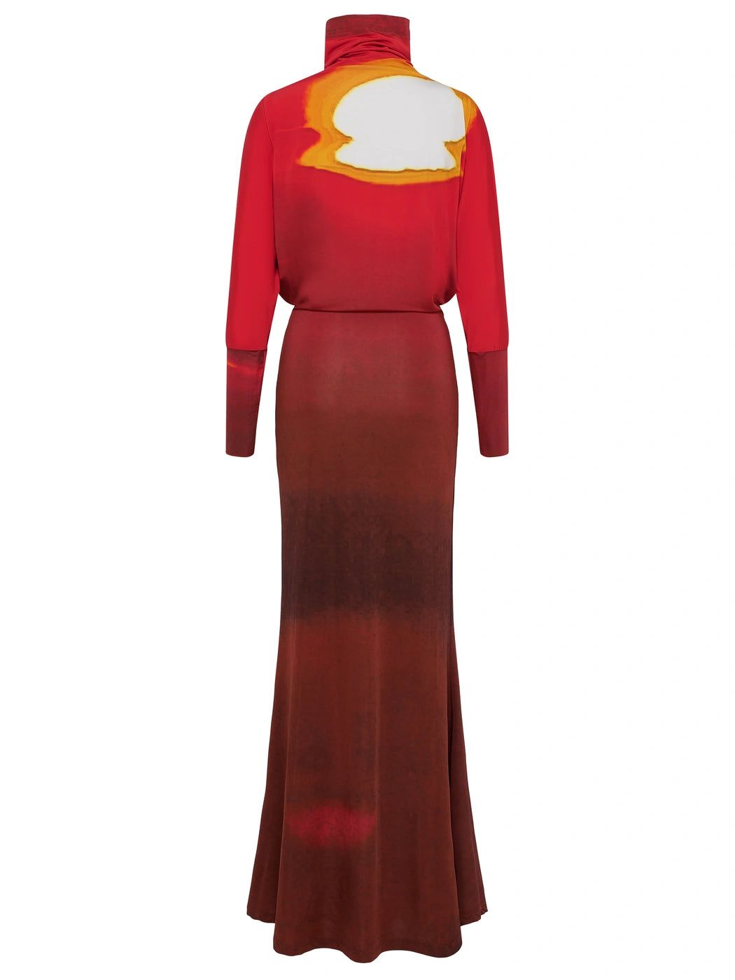 Marcel Ostertag Damen-Kleid mit Sonnenuntergang-Print in Rot-Braun, ausgestelltem Saum in Maxilänge, Rückansicht.