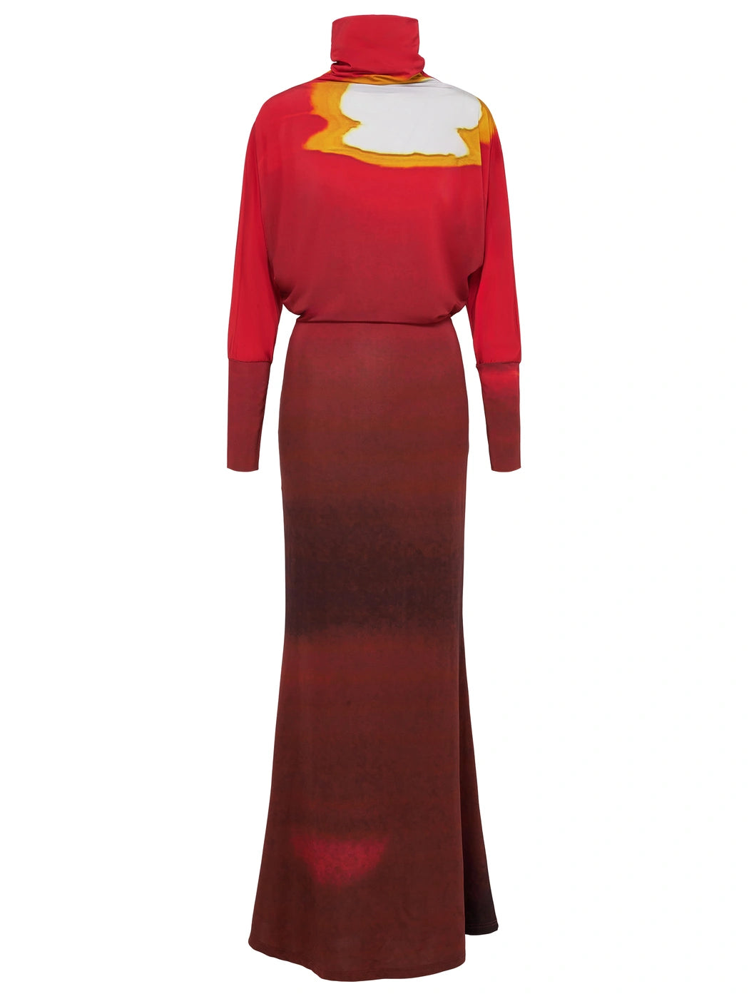 Marcel Ostertag Damen-Kleid mit Sonnenuntergang-Print in Rot-Braun, Stehkragen und Fledermausärmeln, Vorderansicht.
