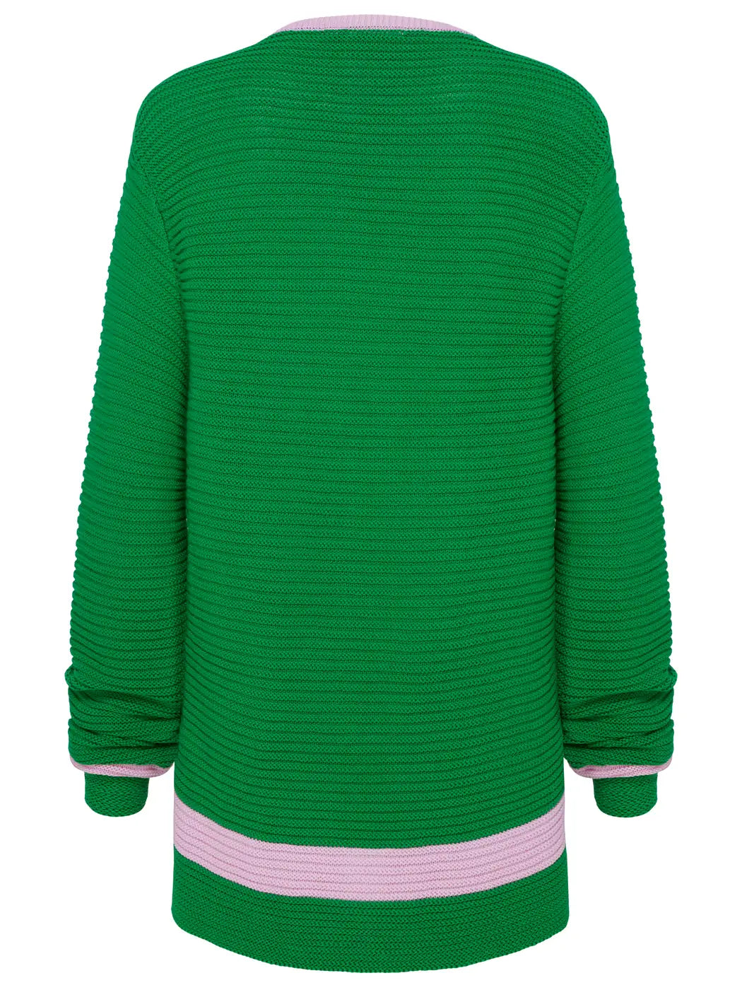 Marcel Ostertag Damen-Strickjacke in Grün mit Streifen in Rosa, Rückansicht.