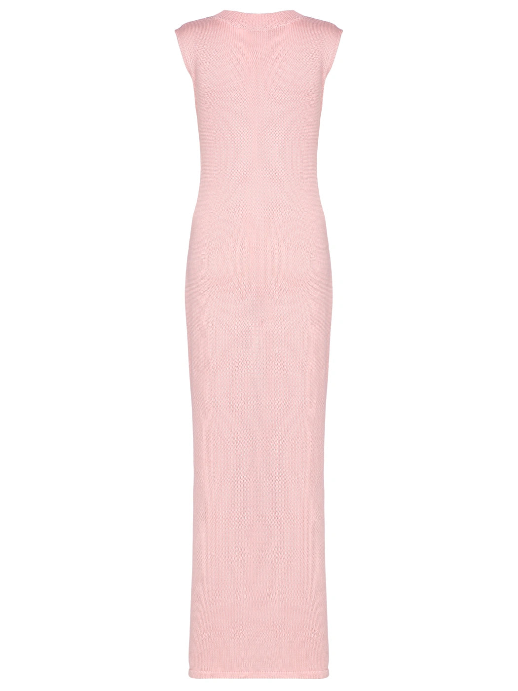 Marcel Ostertag Damen-Maxikleid aus Strick in Rosa, Rundhals und enge Passform mit Seitenschlitze, Rückansicht.
