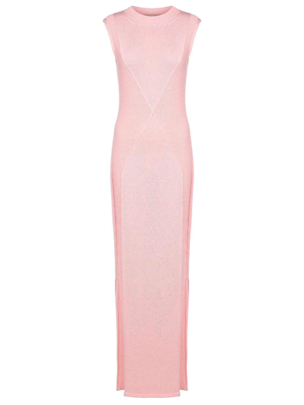 Marcel Ostertag Damen-Maxikleid aus Strick in Rosa, Rundhals und grafisches Muster, enge Passform mit Seitenschlitze, Vorderansicht.