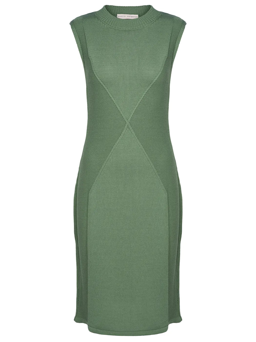 Marcel Ostertag Damen-Midikleid aus Strick in Grün, grafisches Muster, Rundhals und enge Passform, Vorderansicht.