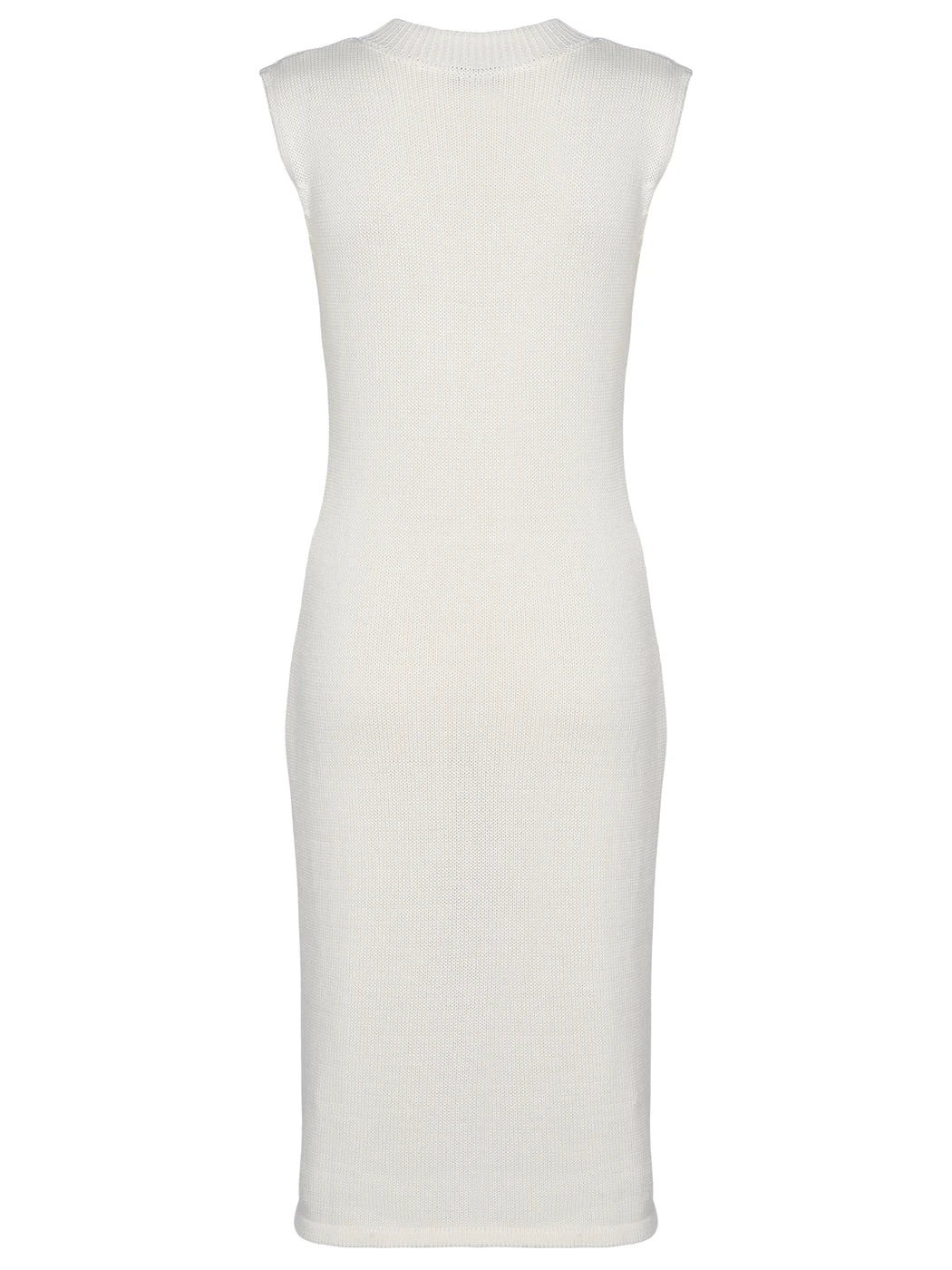 Marcel Ostertag Damen-Midikleid aus Strick in Weiss, grafisches Muster, Rundhals und enge Passform, Rückansicht.