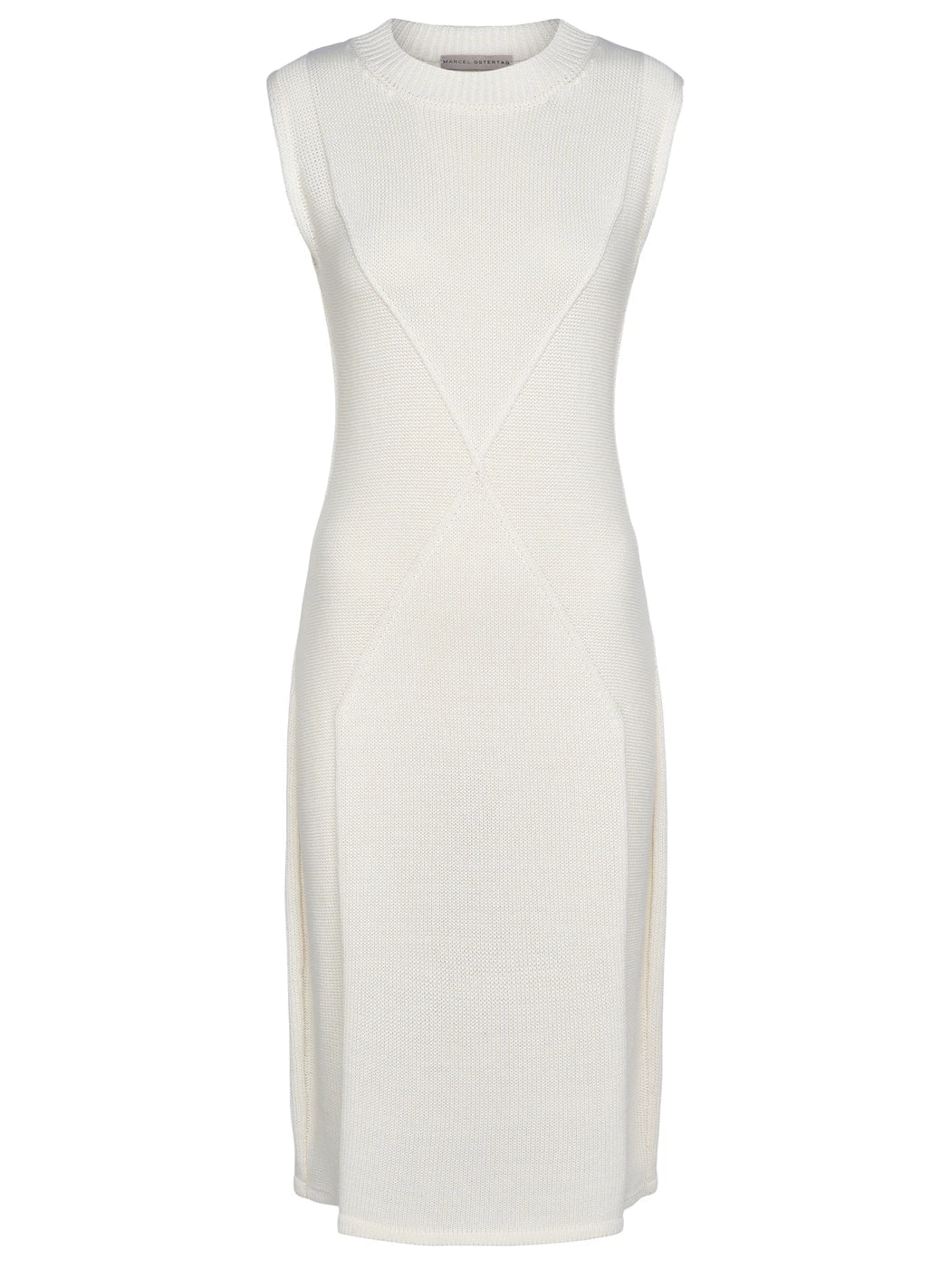 Marcel Ostertag Damen-Midikleid aus Strick in Weiss, grafisches Muster, Rundhals und enge Passform, Vorderansicht.