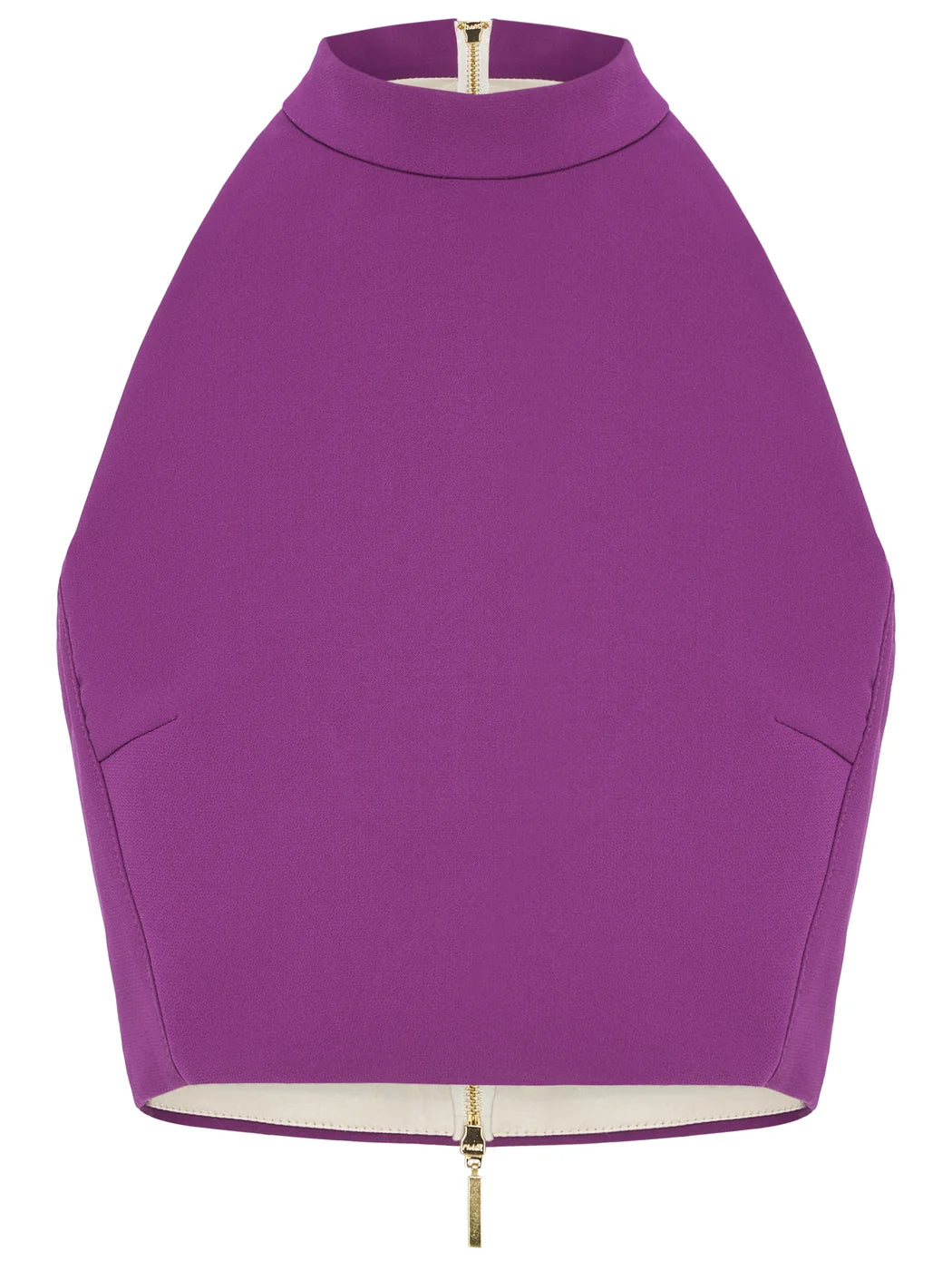 Marcel Ostertag Damen-Top in Lila, Schulterfrei und mit kleinen Stehkragen, Vorderansicht.