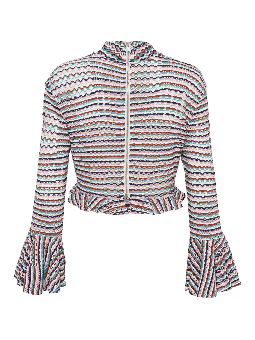 Marcel Ostertag Damen Crop-Top mit Loch- und bunten Streifenmuster in Weiss, Türkis, Rosa, Braun und Schwarz, Dreiviertel Arm mit Volant, Stehkragen und Volant am Saum, 2 Wege Reißverschluss in Silber, Rückansicht.