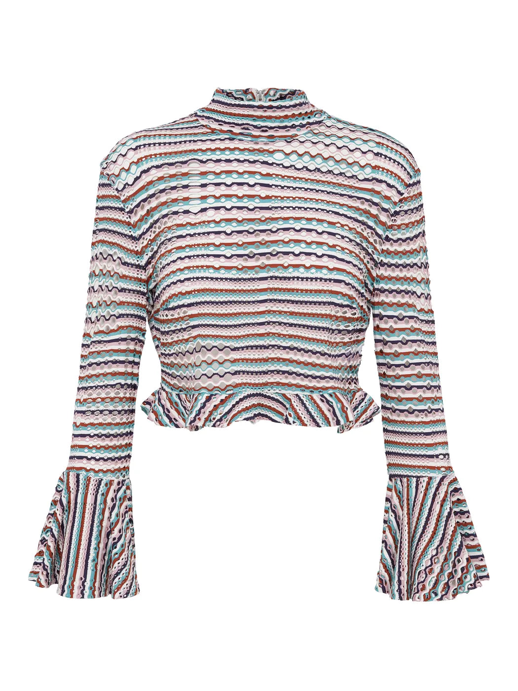 Marcel Ostertag Damen Crop-Top mit Loch- und bunten Streifenmuster in Weiss, Türkis, Rosa, Braun und Schwarz, Dreiviertel Arm mit Volant, Stehkragen und Volant am Saum, Vorderansicht.