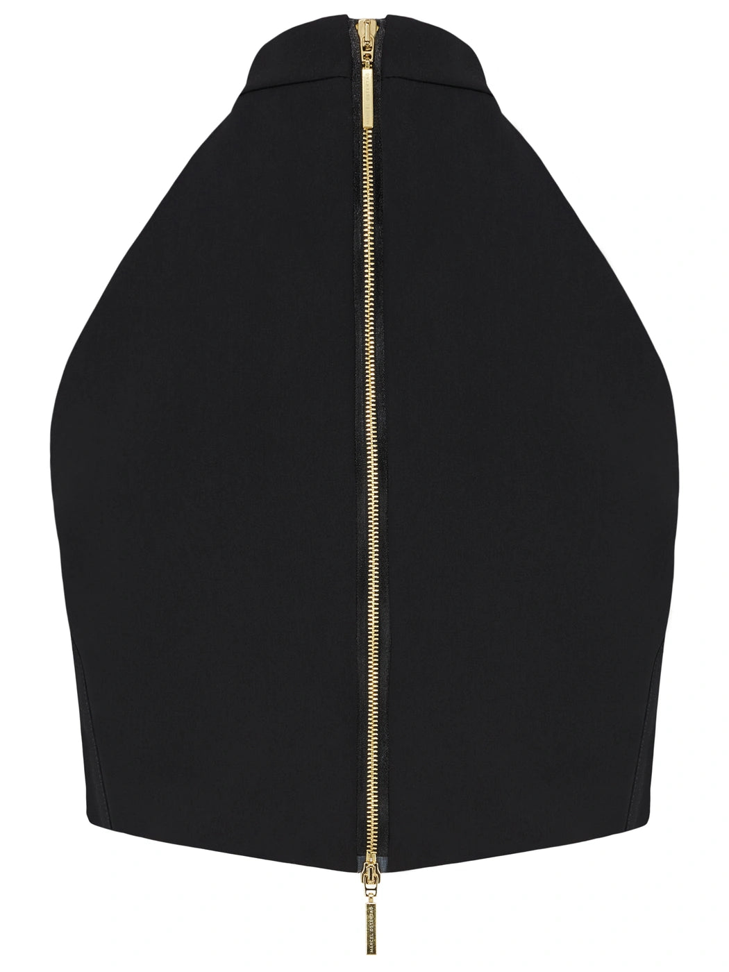 Marcel Ostertag Damen-Top in Schwarz, Schulterfrei und mit kleinen Stehkragen, zwei Wege Reissverschluss in Gold, Rückansicht.