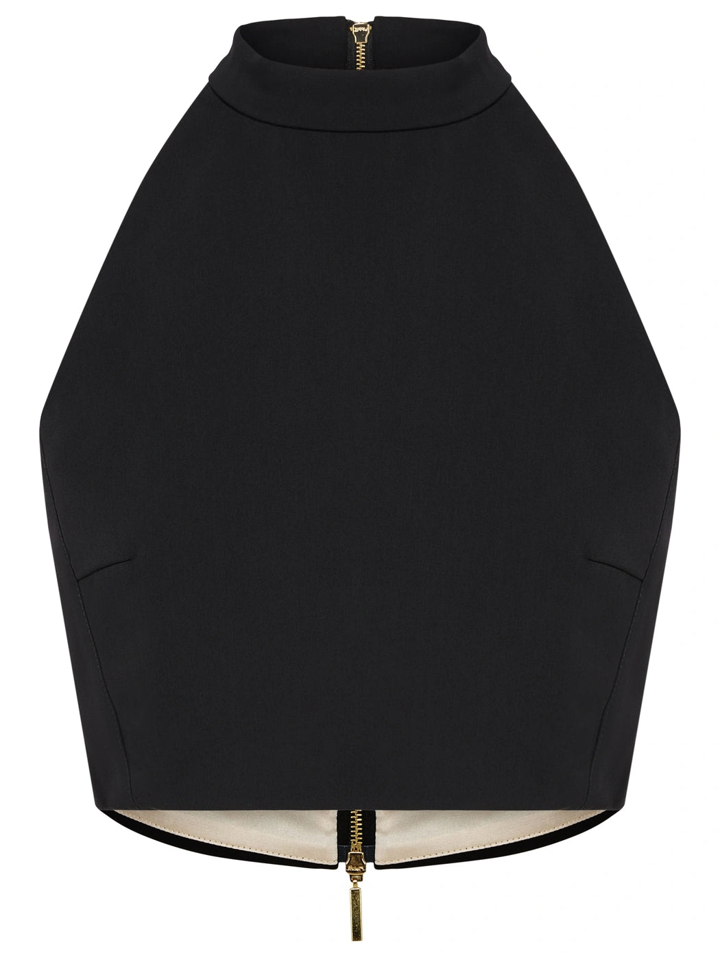 Marcel Ostertag Damen-Top in Schwarz, Schulterfrei und mit kleinen Stehkragen, Vorderansicht.
