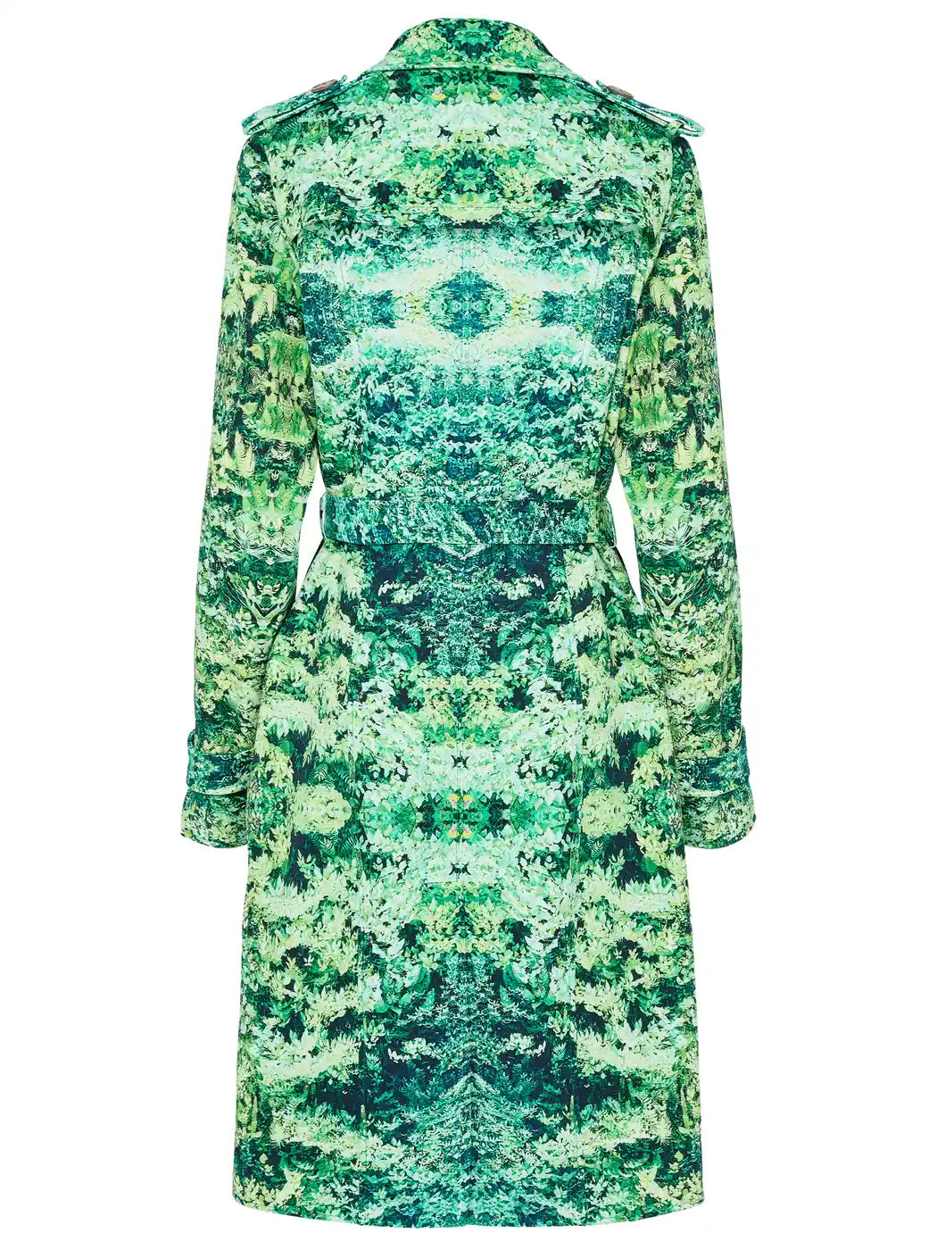 Marcel Ostertag Damen-Trenchcoat in Grün mit gespiegeltem Blätter-Print, Rückansicht.