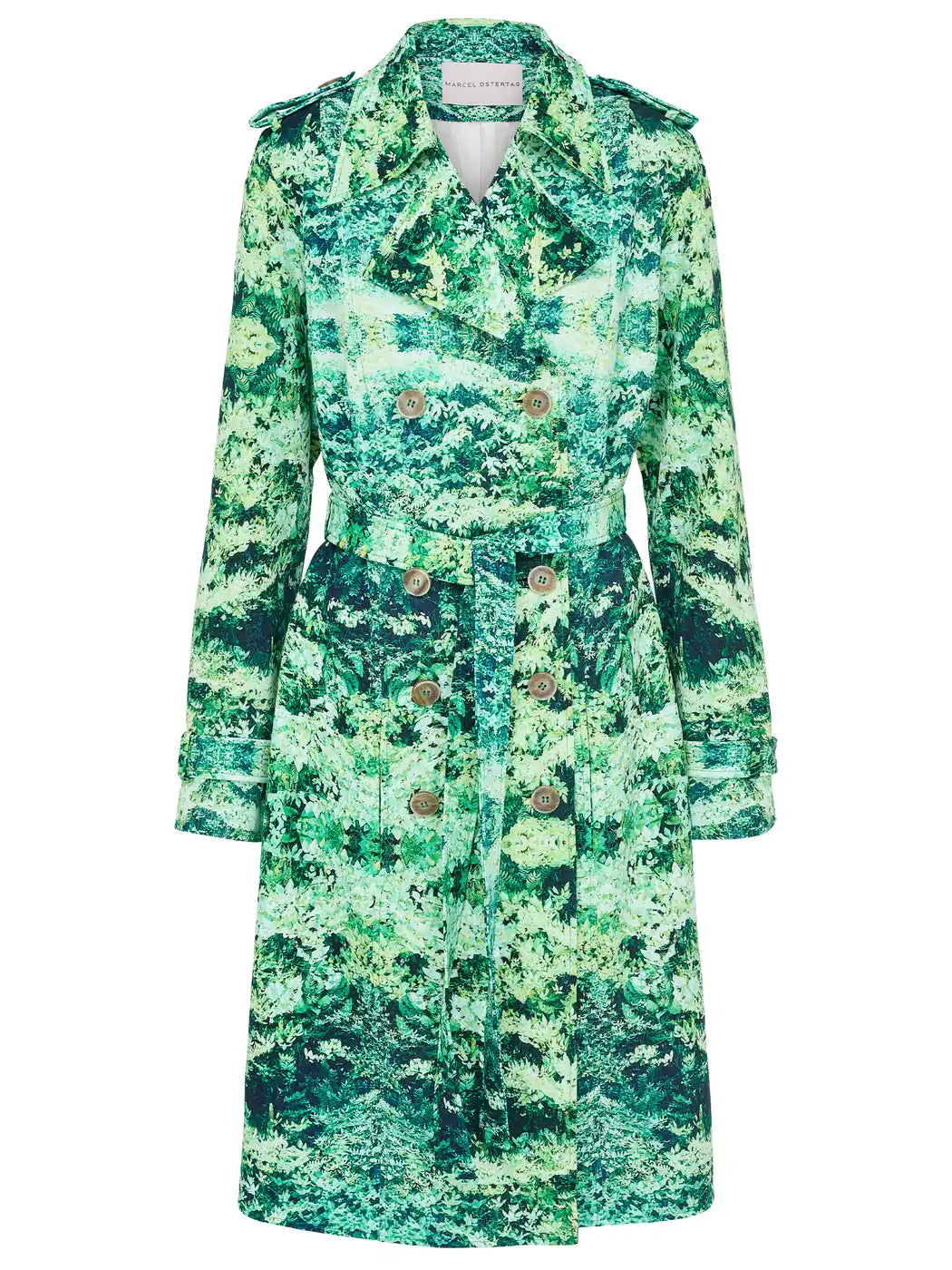 Marcel Ostertag Damen-Trenchcoat in Grün mit Blätter-Print, Knöpfe in Hornoptik  und Gürtel, Vorderansicht.