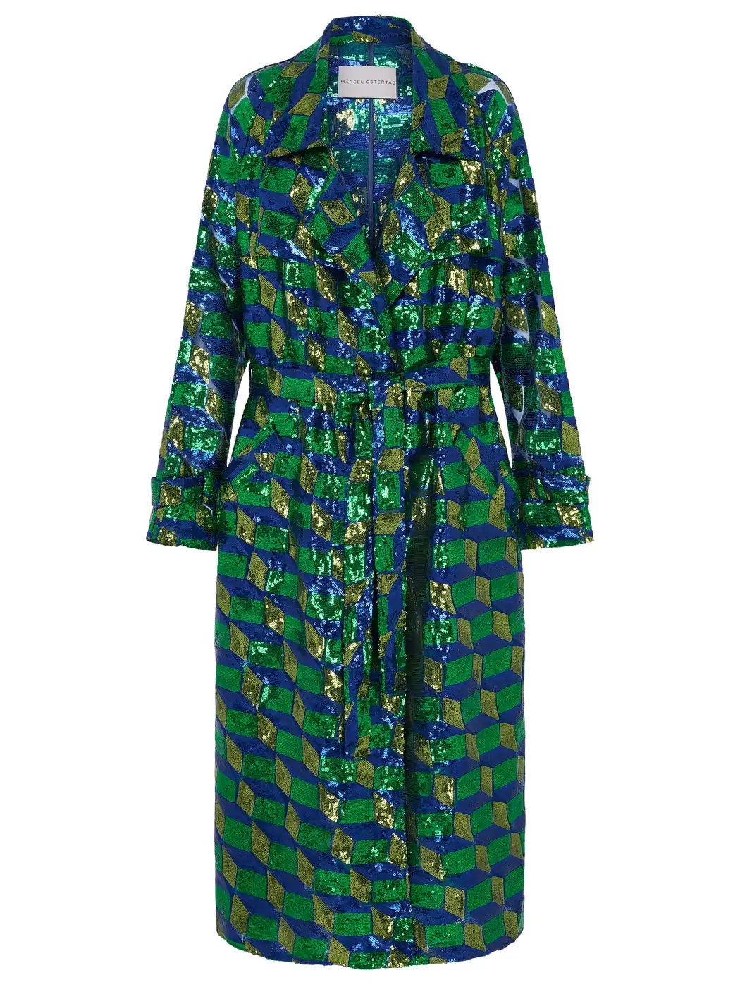 Marcel Ostertag Damen-Trenchcoat aus Pailletten mit geometrischem Muster in Grün und Blau, Vorderansicht.