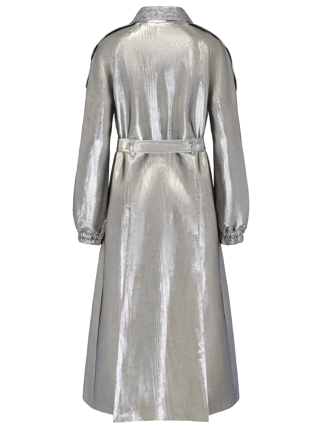 Marcel Ostertag Damen-Trenchcoat in Silber mit geradem Schnitt und doppeltem Gehschlitz, Rückansicht.