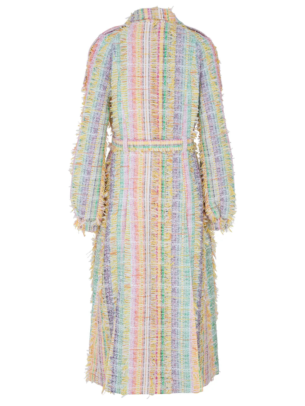Marcel Ostertag Damen-Trenchcoat aus Tweed in Pastelltönen mit geradem Schnitt und doppeltem Gehschlitz, Rückansicht.