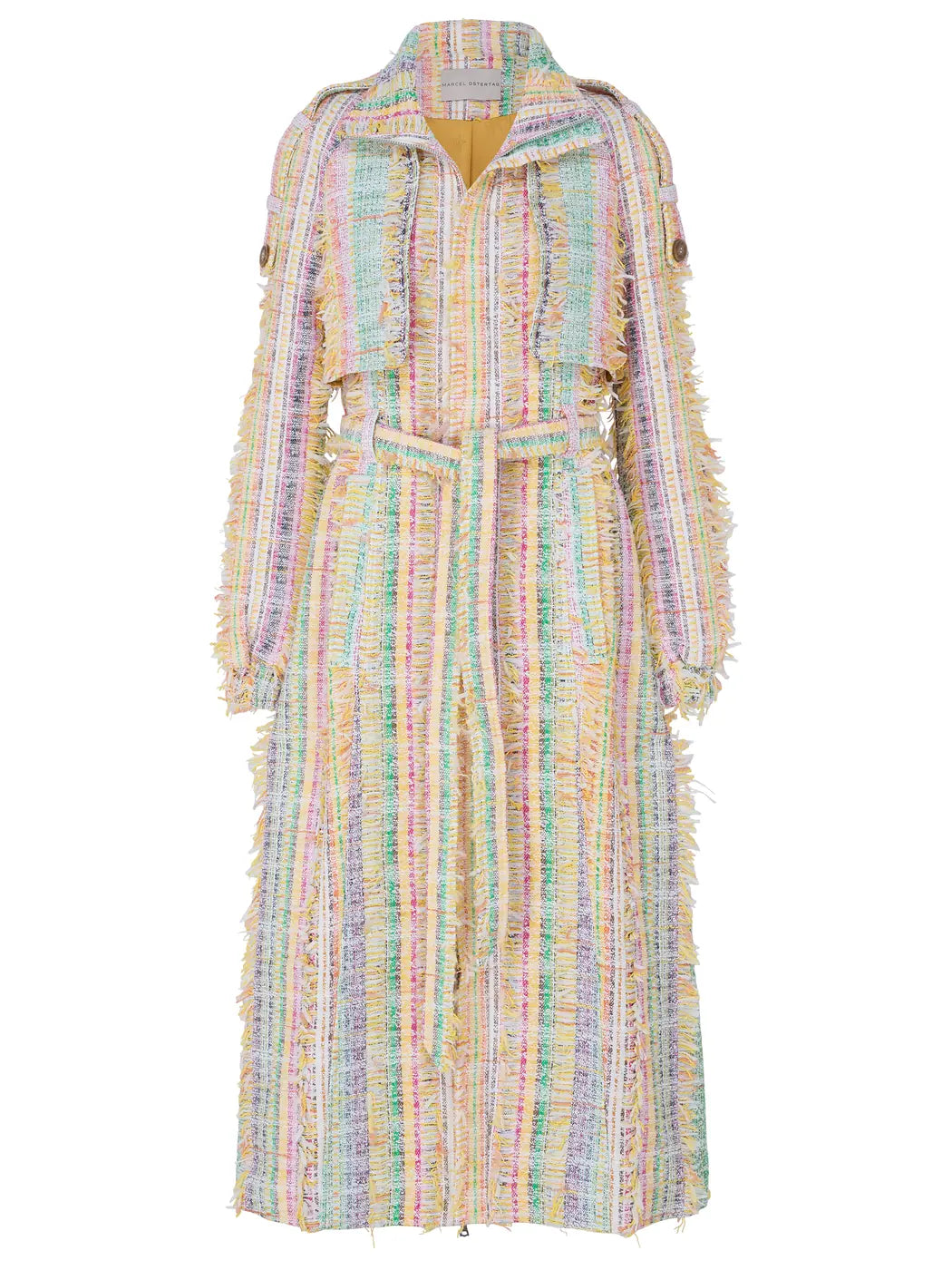 Marcel Ostertag Damen-Trenchcoat aus Tweed in Pastelltönen mit Fransen, Stehkragen, 2-Wege Reißverschluss und Bindegürtel, Vorderansicht.